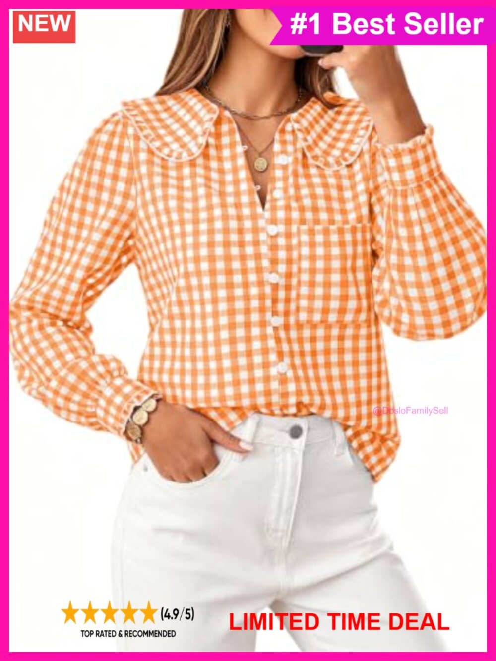 Women's Button Down Gingham Blouse Puff Sleeve Work Top